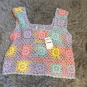 Cotton Emporium Pastel Crochet Patchwork Crop Top